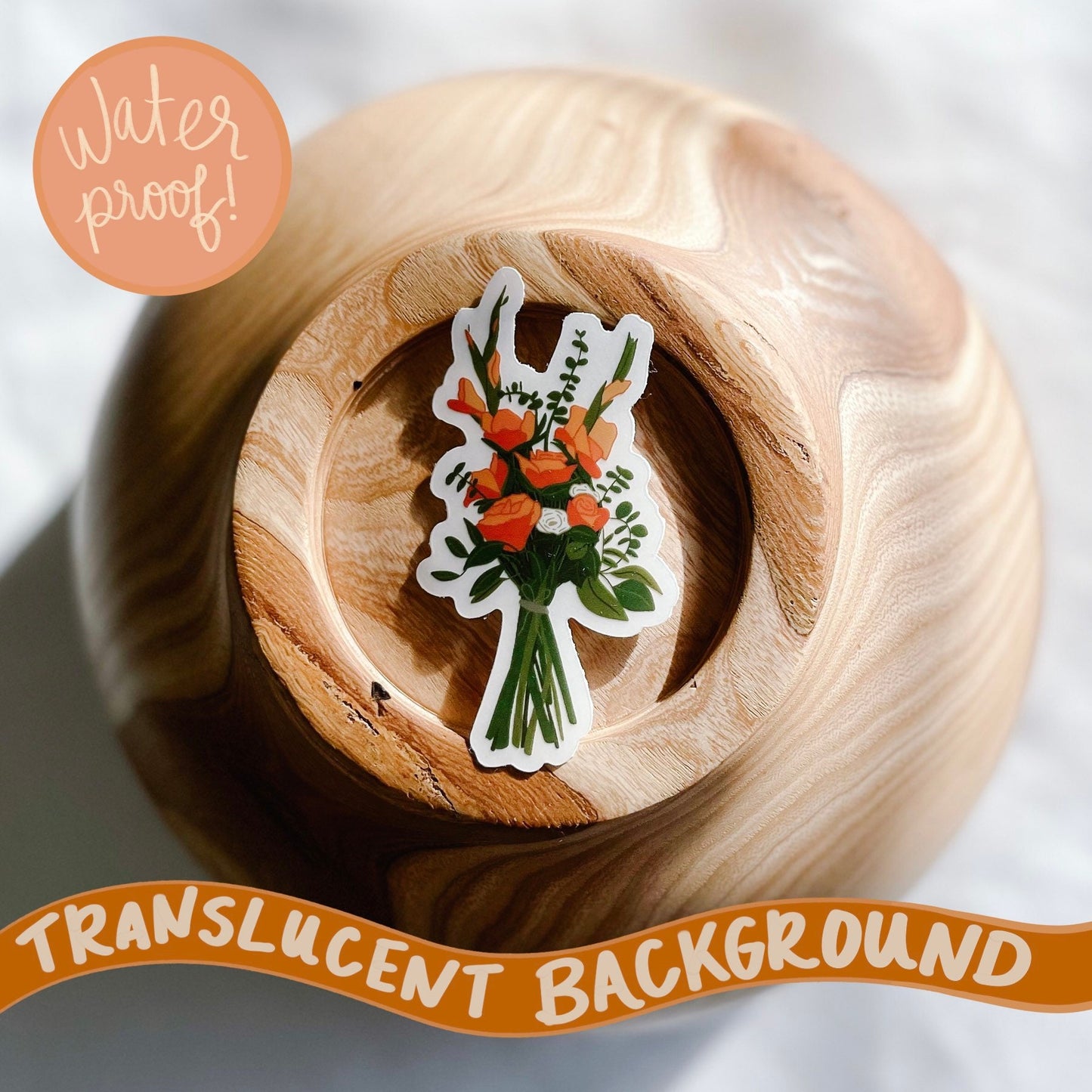 Flower bouquet sticker, waterproof, translucent background , 3x1.6 in