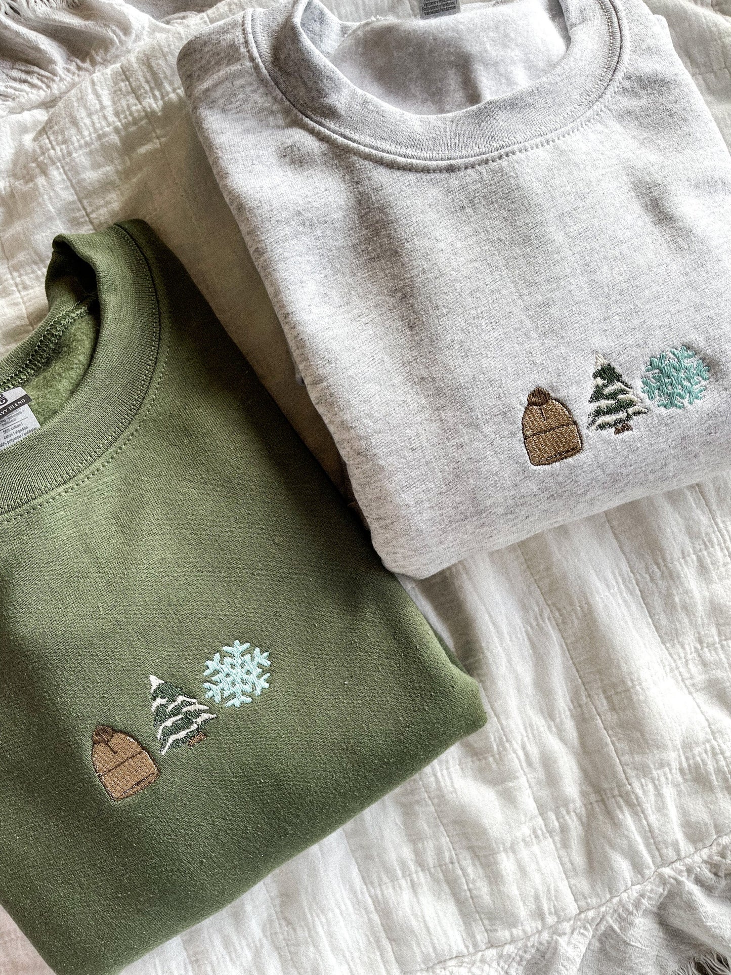 Winter Wonderland Embroidered Crewneck Sweatshirt, Snowflake, Pine Tree, Beanie
