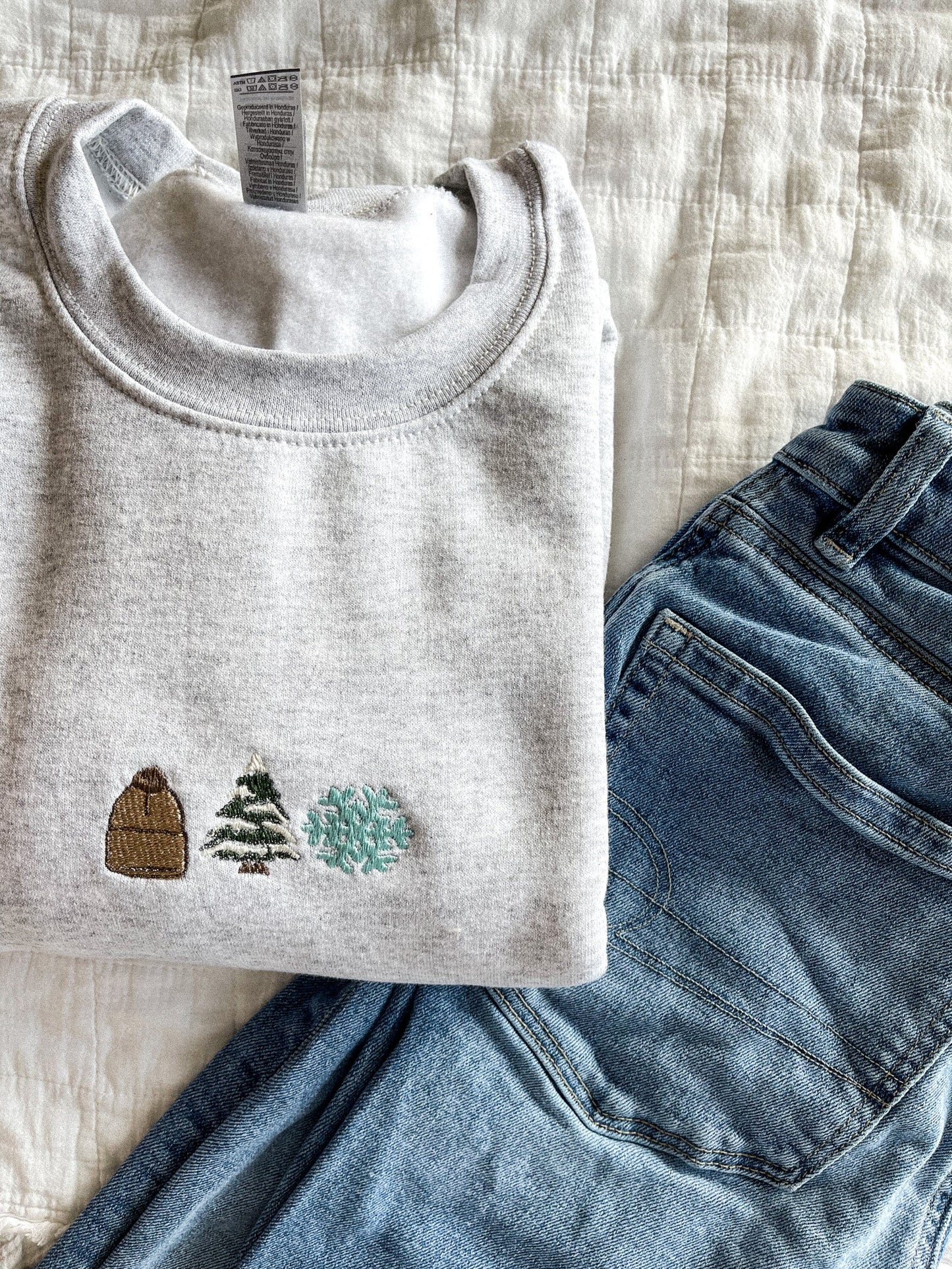 Winter Wonderland Embroidered Crewneck Sweatshirt, Snowflake, Pine Tree, Beanie