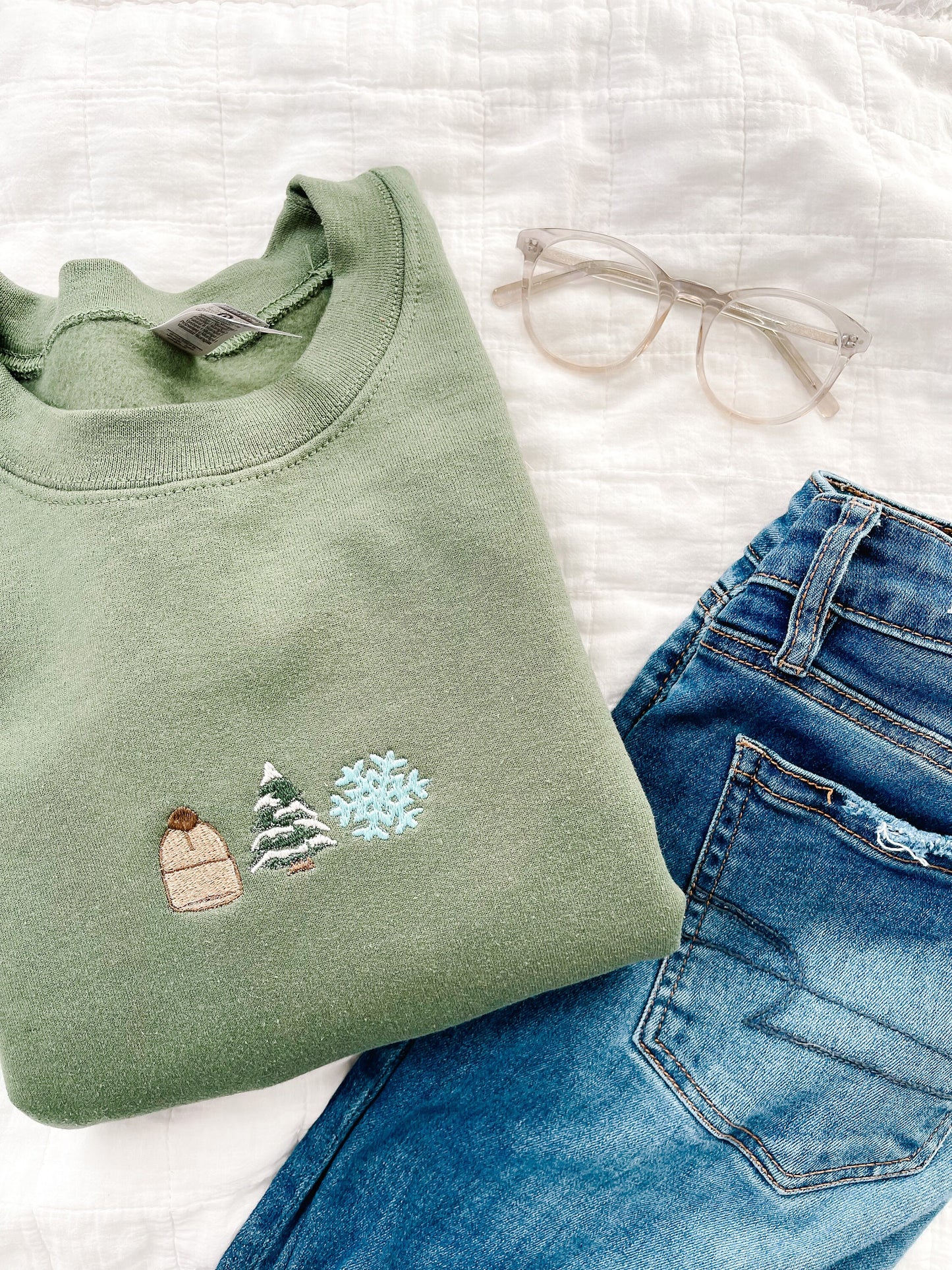Winter Wonderland Embroidered Crewneck Sweatshirt, Snowflake, Pine Tree, Beanie