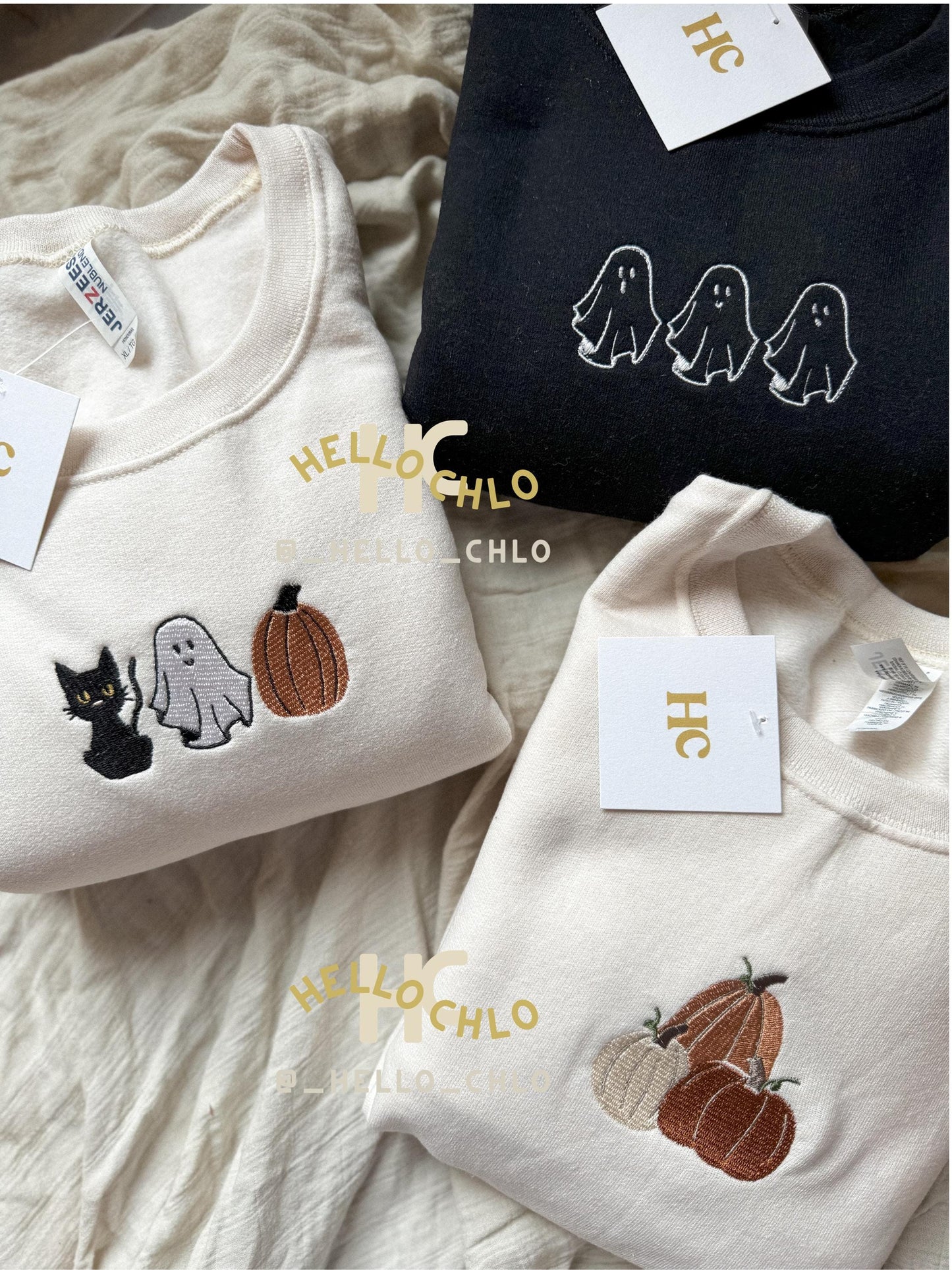 Spooky Trio Embroidered Crewneck, Cat, Ghost, Pumpkin