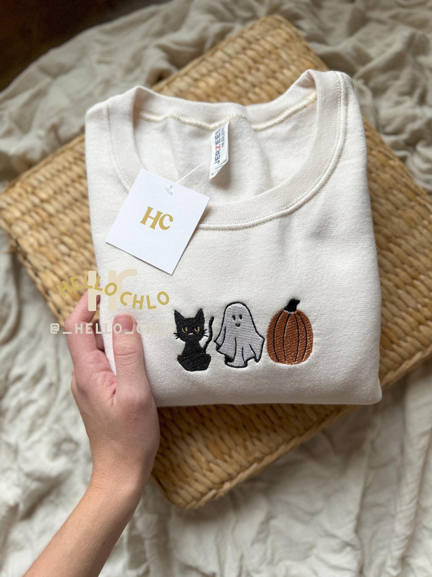 Spooky Trio Embroidered Crewneck, Cat, Ghost, Pumpkin