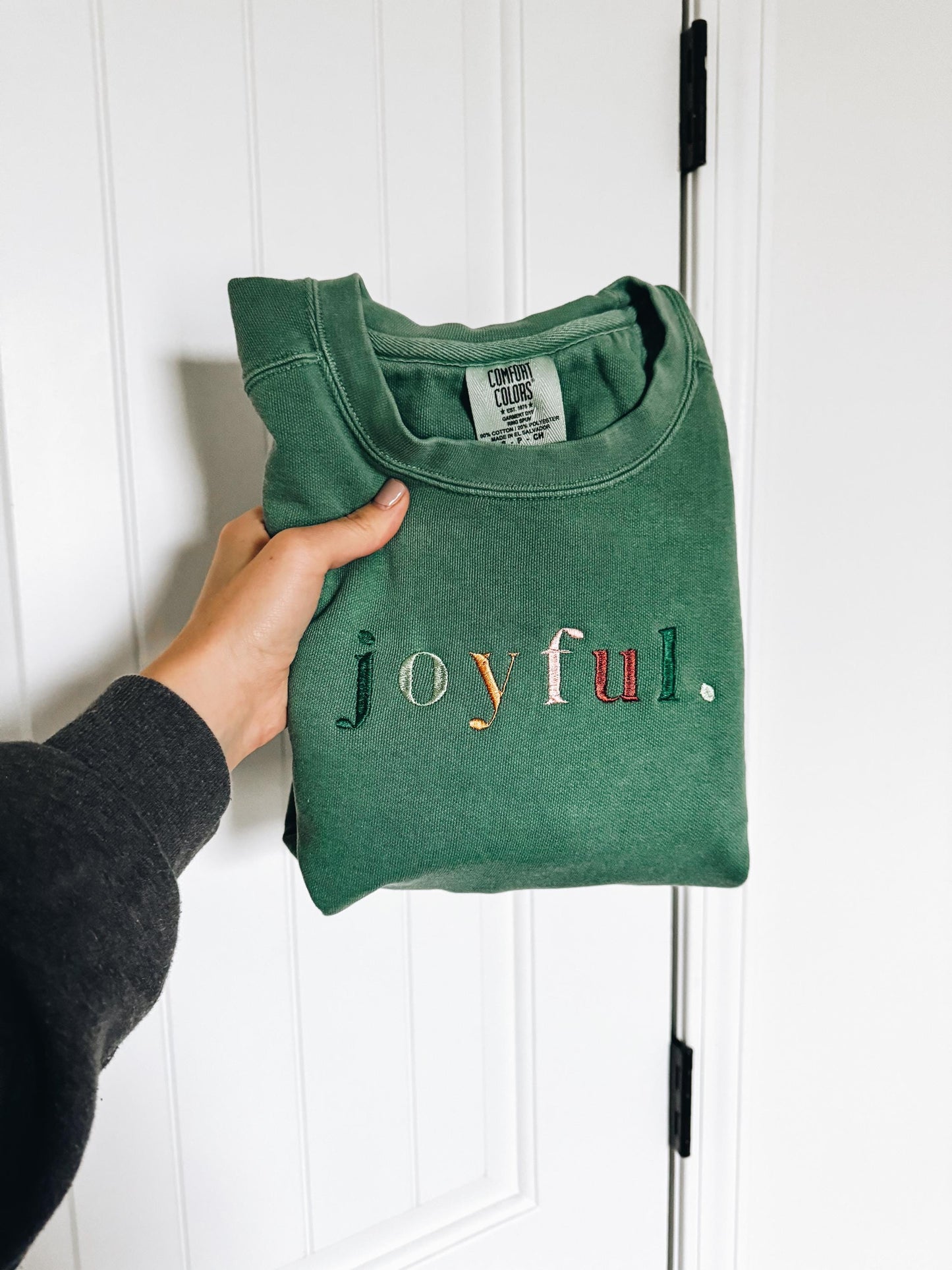Joyful Embroidered Crewneck Sweatshirt (Green Comfort Colors)