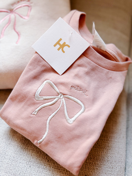 Mini Bow Embroidered Crewneck (Pink/Cream)