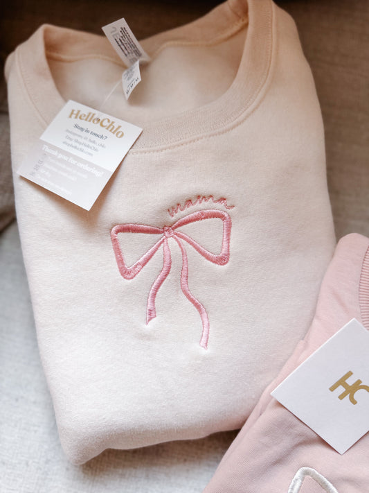 Mama Bow Embroidered Crewneck (Cream/Pink)