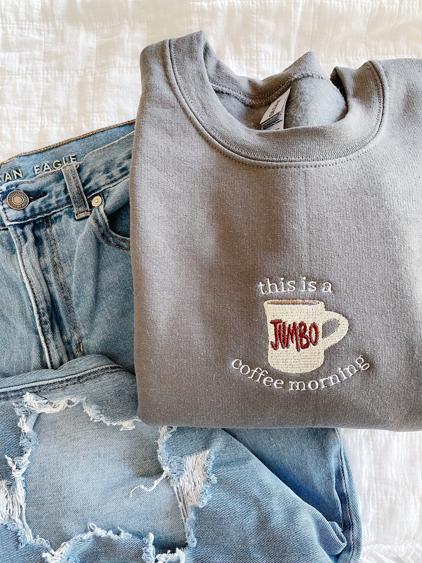 Jumbo Coffee Morning Embroidered Crewneck Sweatshirt, Embroidery Sweater, Lorelai Gilmore Quote, Gilmore Girls, Coffee Shirt, Latte Shirt