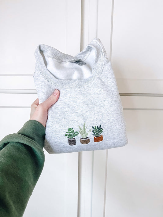 Houseplant Trio Embroidered Crewneck Sweatshirt, Plant Mom, Garden Lover, Cozy Loungewear