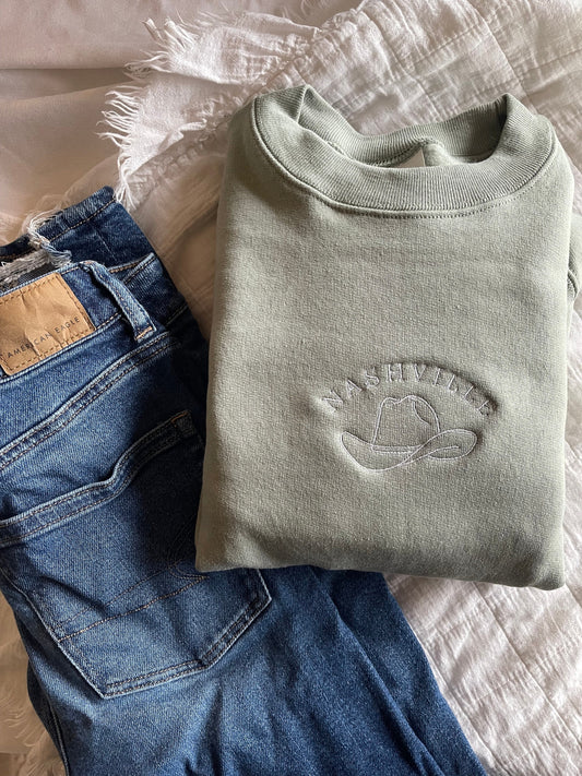 Nashville Embroidered Crewneck Sweatshirt - Stonewashed Green