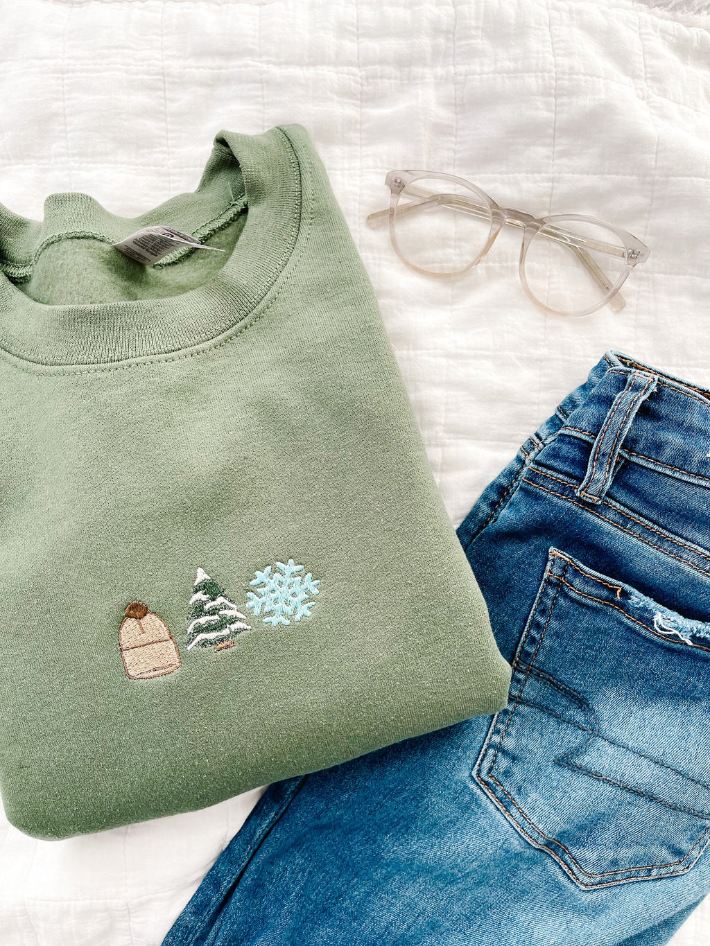 Winter Wonderland Embroidered Crewneck Sweatshirt, Snowflake, Pine Tree, Beanie
