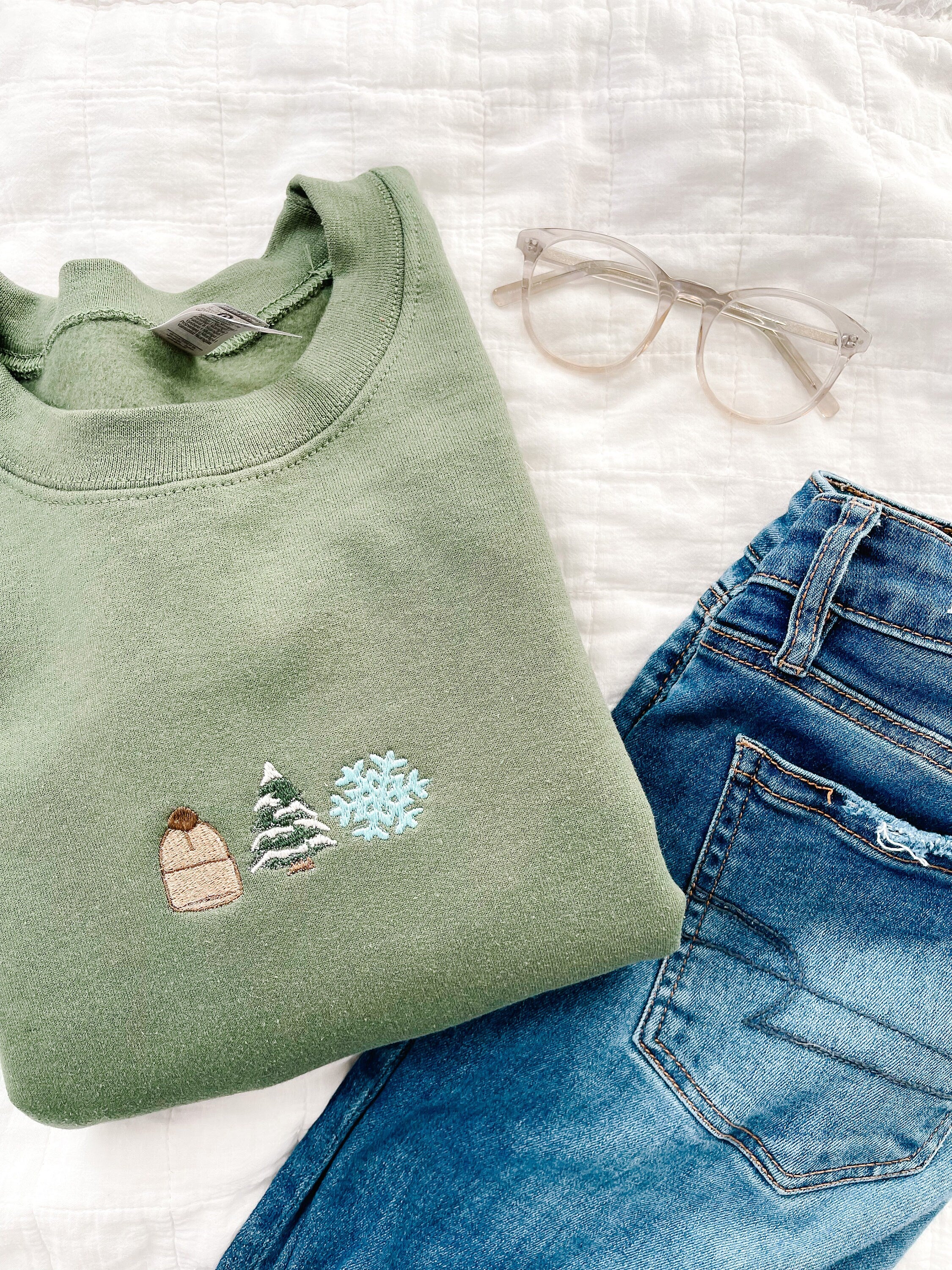 Winter Wonderland Embroidered Crewneck Sweatshirt, Snowflake, Pine Tree, Beanie