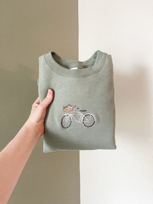 Floral Bicylce Vintage Inspired Embroidered Crewneck