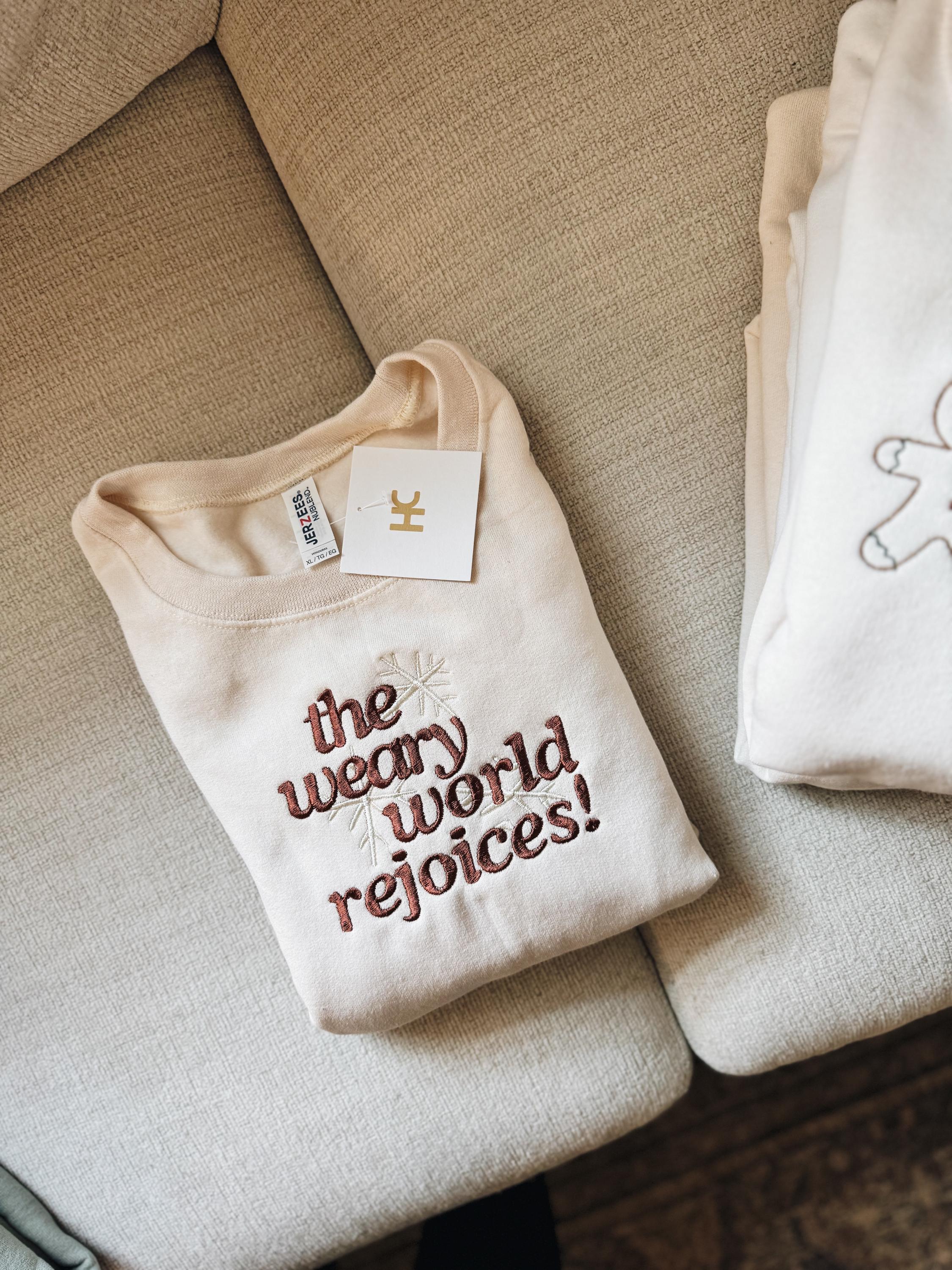 The Weary World Rejoices Embroidered Crewneck (*white)