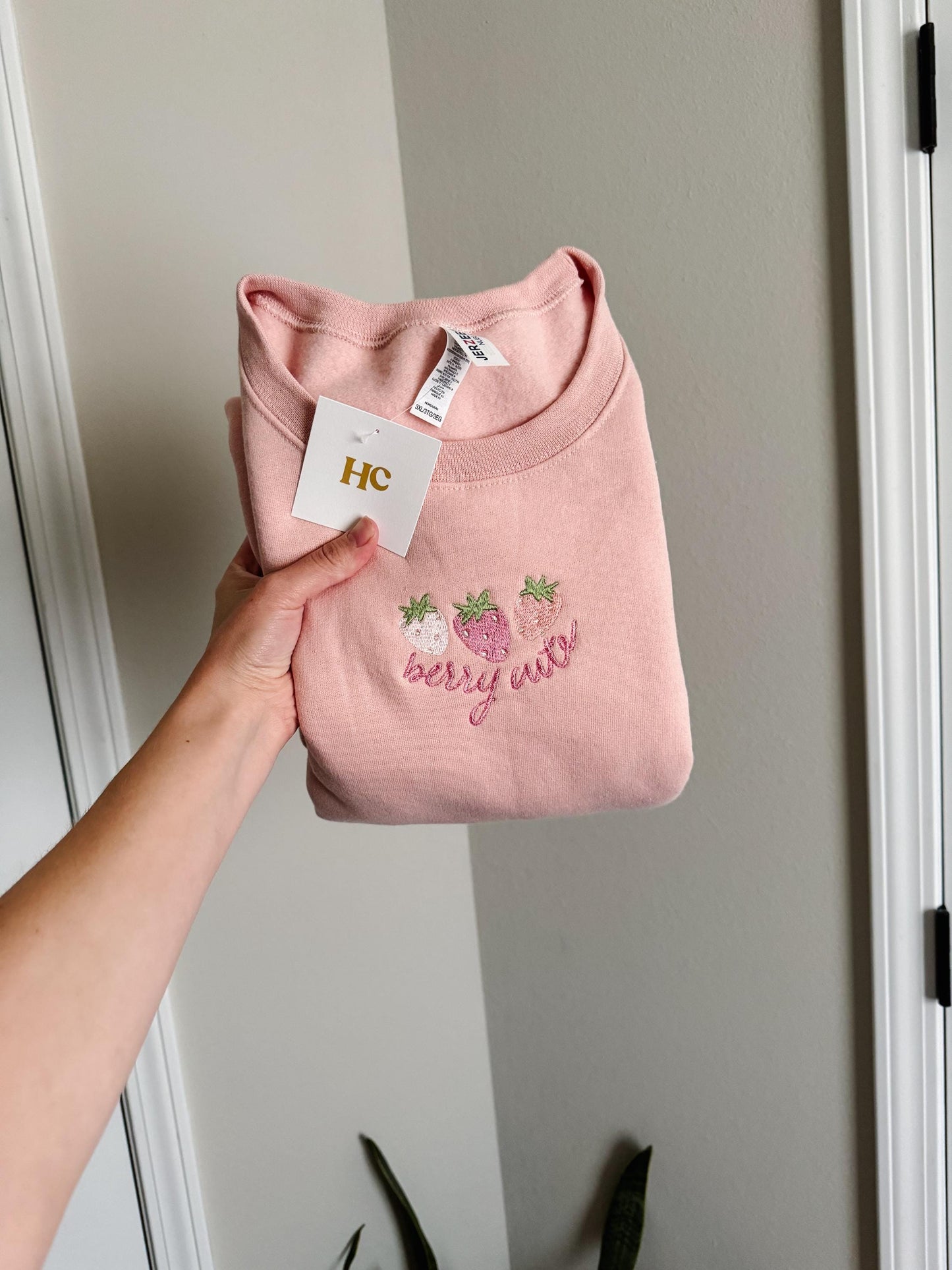 Pink Berry Cute strawberry Embroidered Crewneck Sweatshirt, Pullover, Garden Lover, Cozy Loungewear