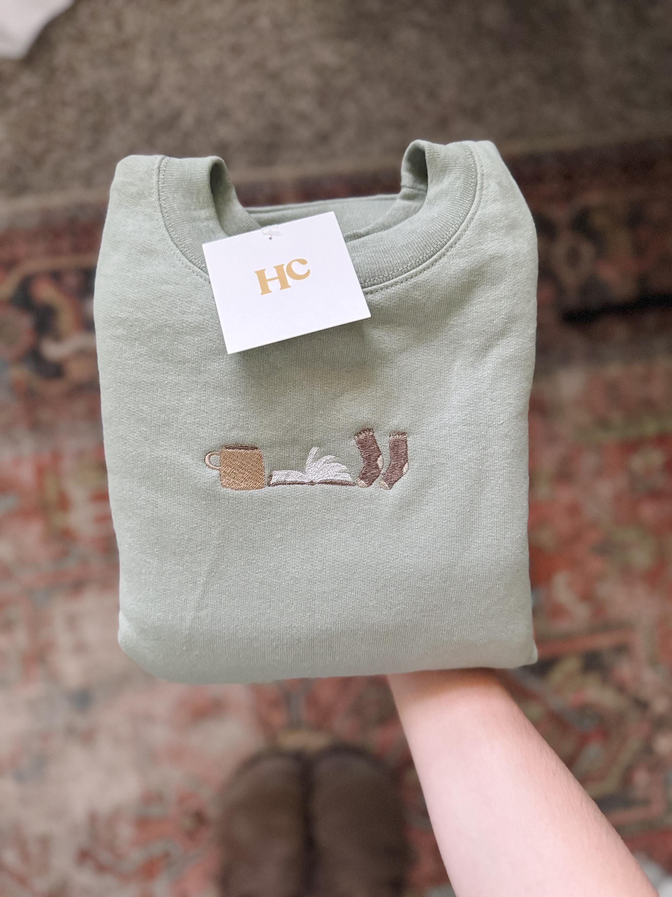 Cozy Book Trio (Stonewashed Green) Embroidered Crewneck