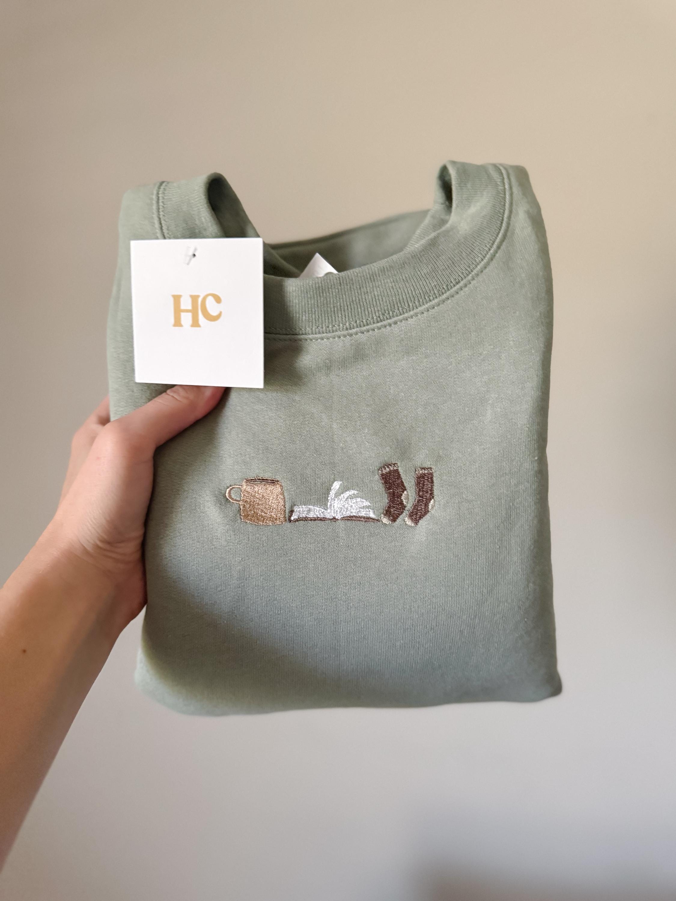 Cozy Book Trio (Stonewashed Green) Embroidered Crewneck