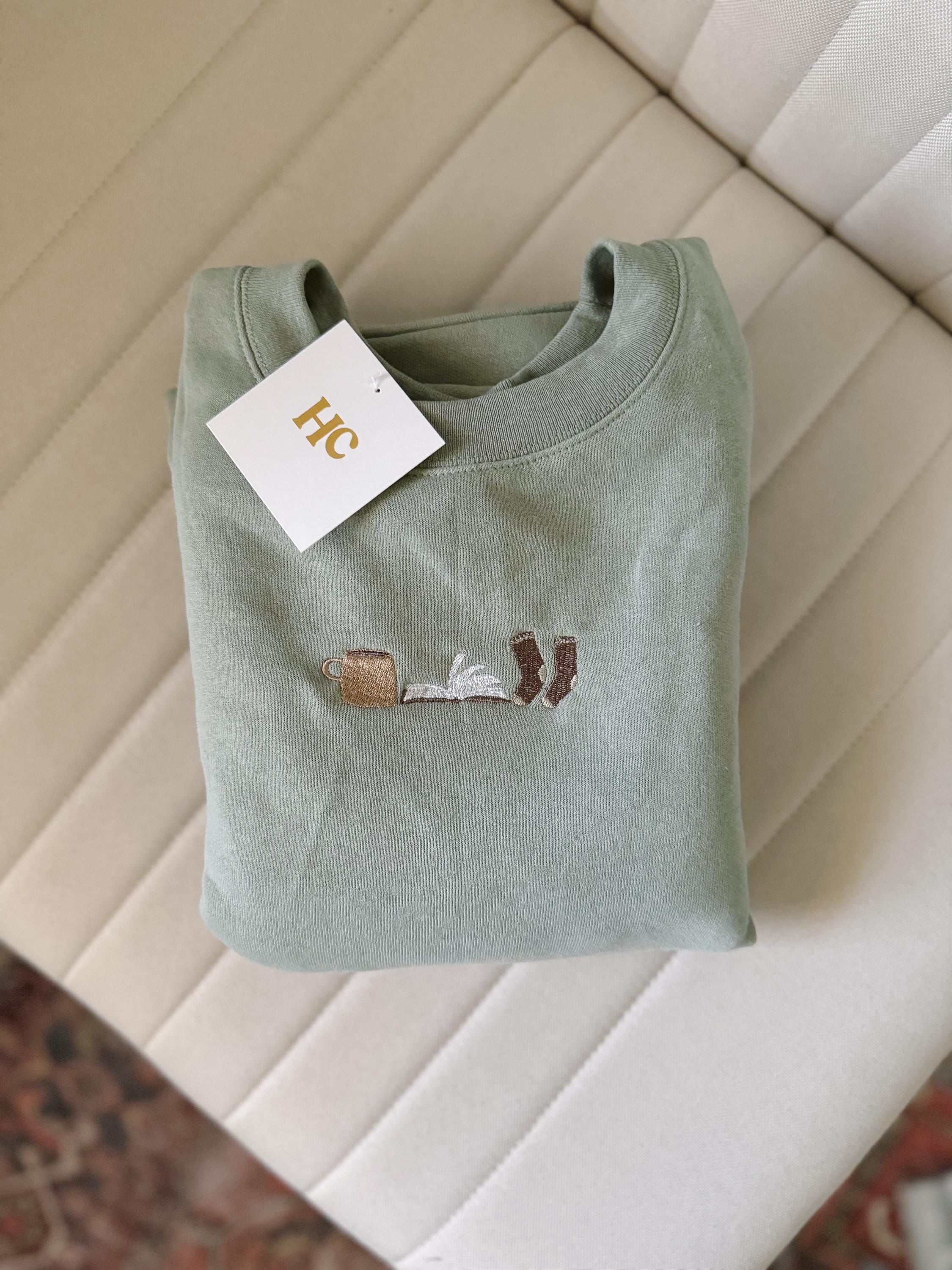 Cozy Book Trio (Stonewashed Green) Embroidered Crewneck