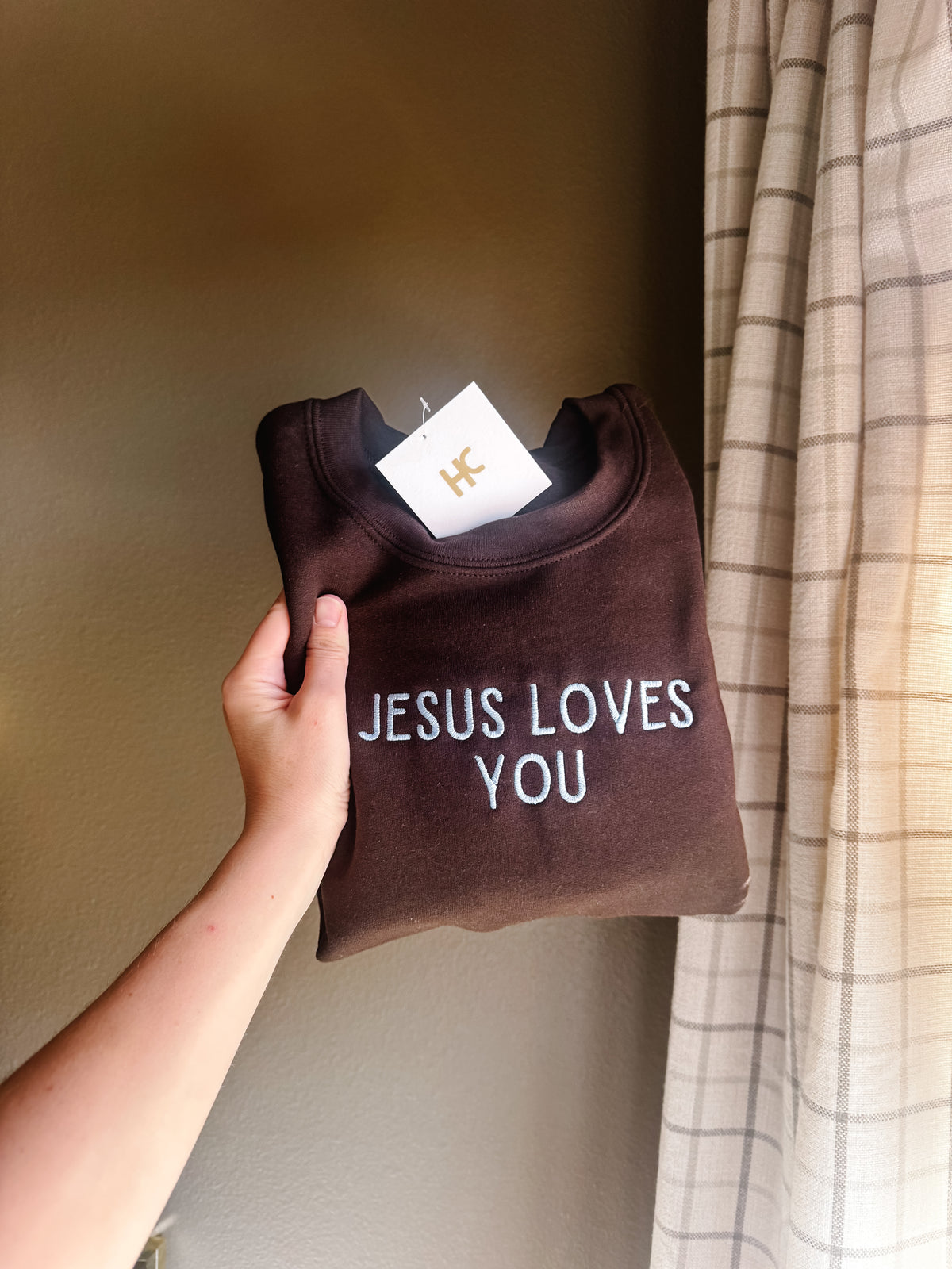 Jesus Loves You (Brown/Blue) Embroidered Crewneck Sweatshirt
